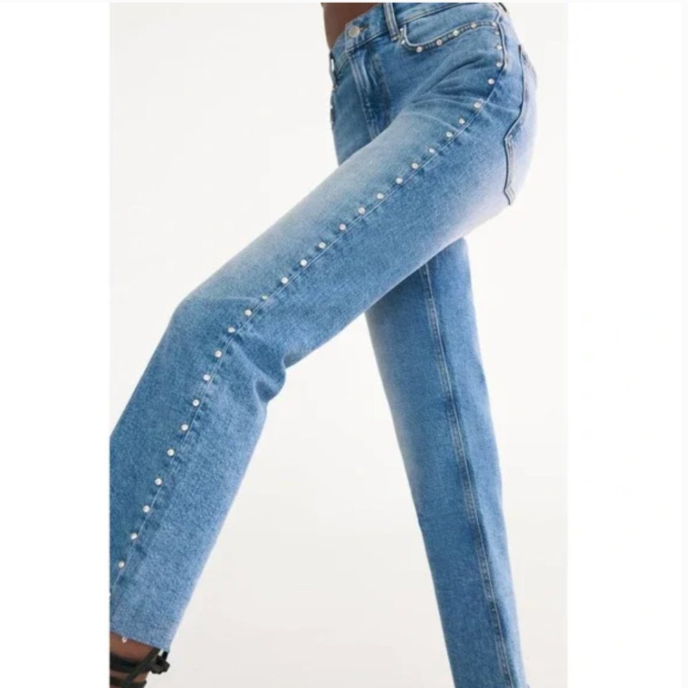 ZARA "The Dreed Flare" Stretch Rhinestone Jewelry Cropped Raw Hem Crystal Jeans